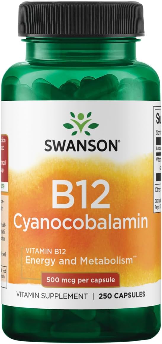 Swanson Vitamin B12 – 500mcg – 250 Cápsulas – Energia e Sistema Nervoso