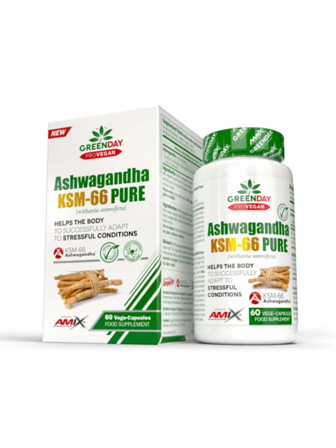 AMIX GreenDay ProVegan Ashwagandha KSM-66® Pure 500mg - 60 Cápsulas | Adaptogénio Anti-Stress, Foco e Equilíbrio Mental