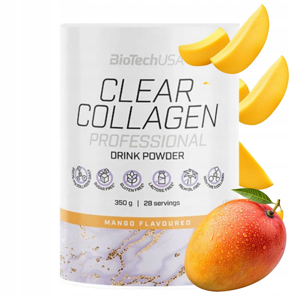 BIOTECH USA Clear Collagen Pro Drink Powder (350g) Sabor Manga | Colagénio Hidrolisado Puro + Vitamina C para Articulações e Pele