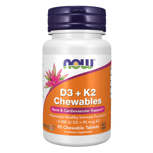 NOW FOODS Vitamina D-3 5000 UI + K-2 180 mcg (MK-7) - 90 Comprimidos Mastigáveis | Saúde Óssea e Articular Sabor a Fruta