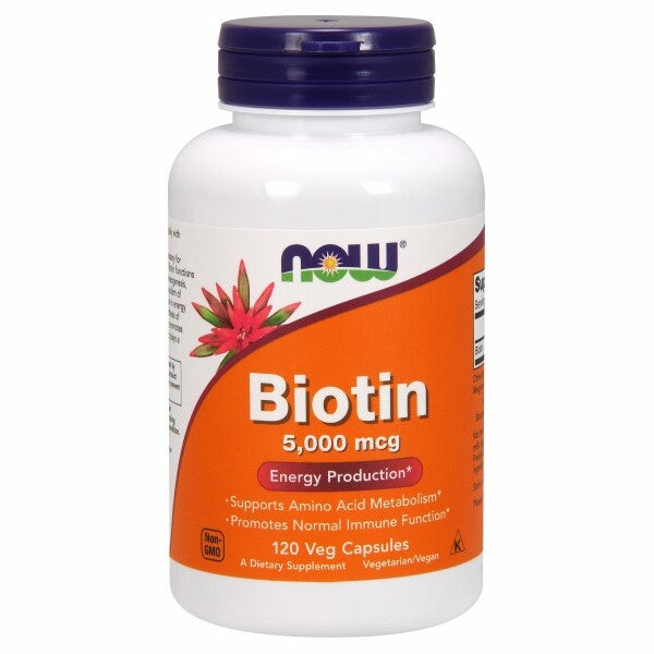 NOW FOODS Biotina (Vitamina B7) 5000 mcg - 120 Cápsulas Vegetais | Dose Forte para Crescimento de Cabelo, Unhas e Suporte Metabólico