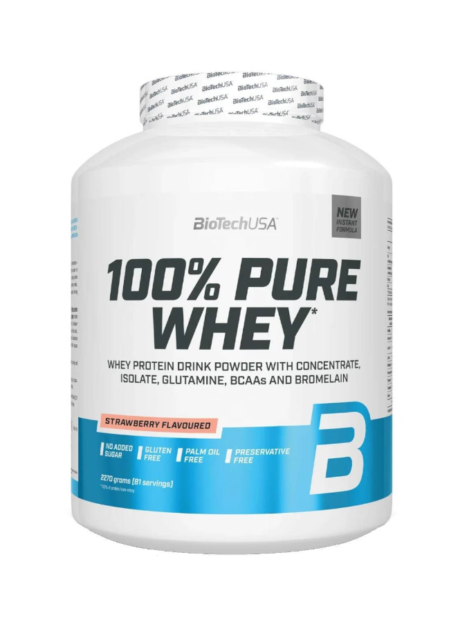 BIOTECH USA 100% Pure Whey (2.270kg) Sabor Morango | Blend de Concentrado, Isolado e Hidrolisado para Músculo e Recuperação