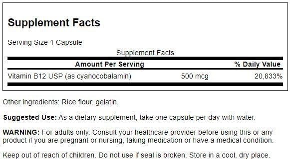 Swanson Vitamin B12 – 500mcg – 250 Cápsulas – Energia e Sistema Nervoso