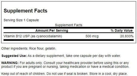 Swanson Vitamin B12 – 500mcg – 250 Cápsulas – Energia e Sistema Nervoso