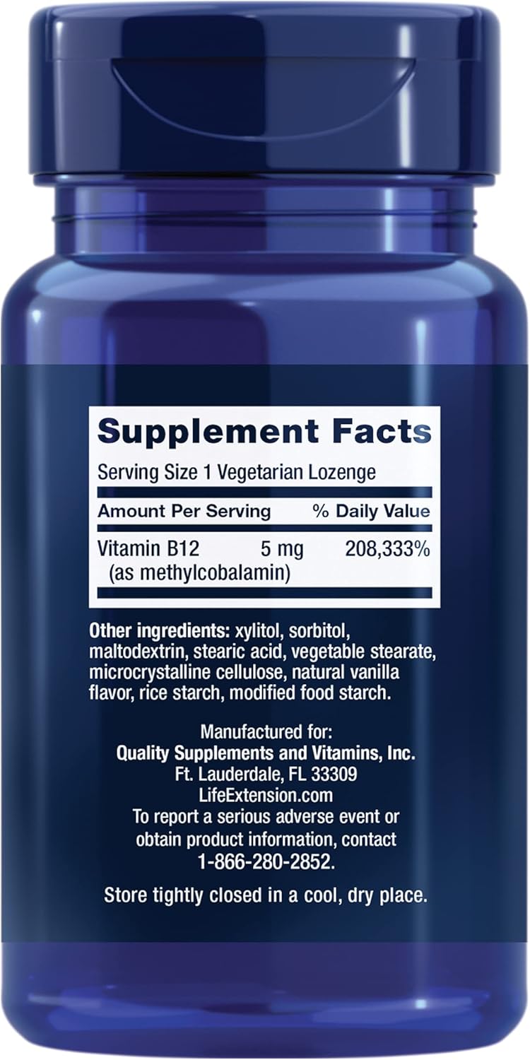 LIFE EXTENSION Vitamina B12 Metilcobalamina 5000 mcg (5 mg) - 100 Comprimidos Sublinguais | Absorção Rápida e Suporte Nervoso