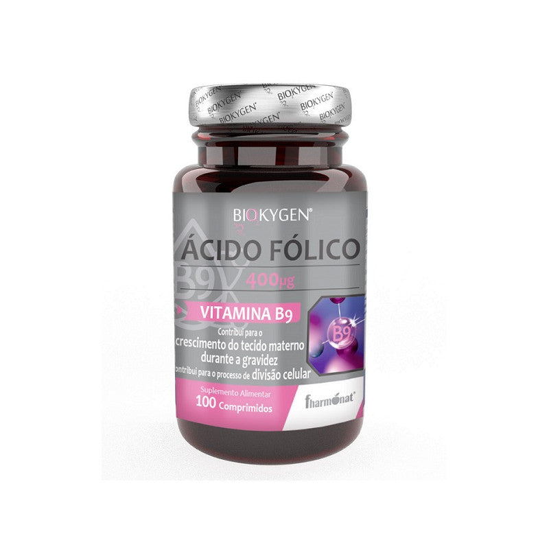 FHARMONAT Biokygen Ácido Fólico (Vitamina B9) - 100 Comprimidos | Essencial para Formação do Sangue, Gravidez e Redução da Fadiga